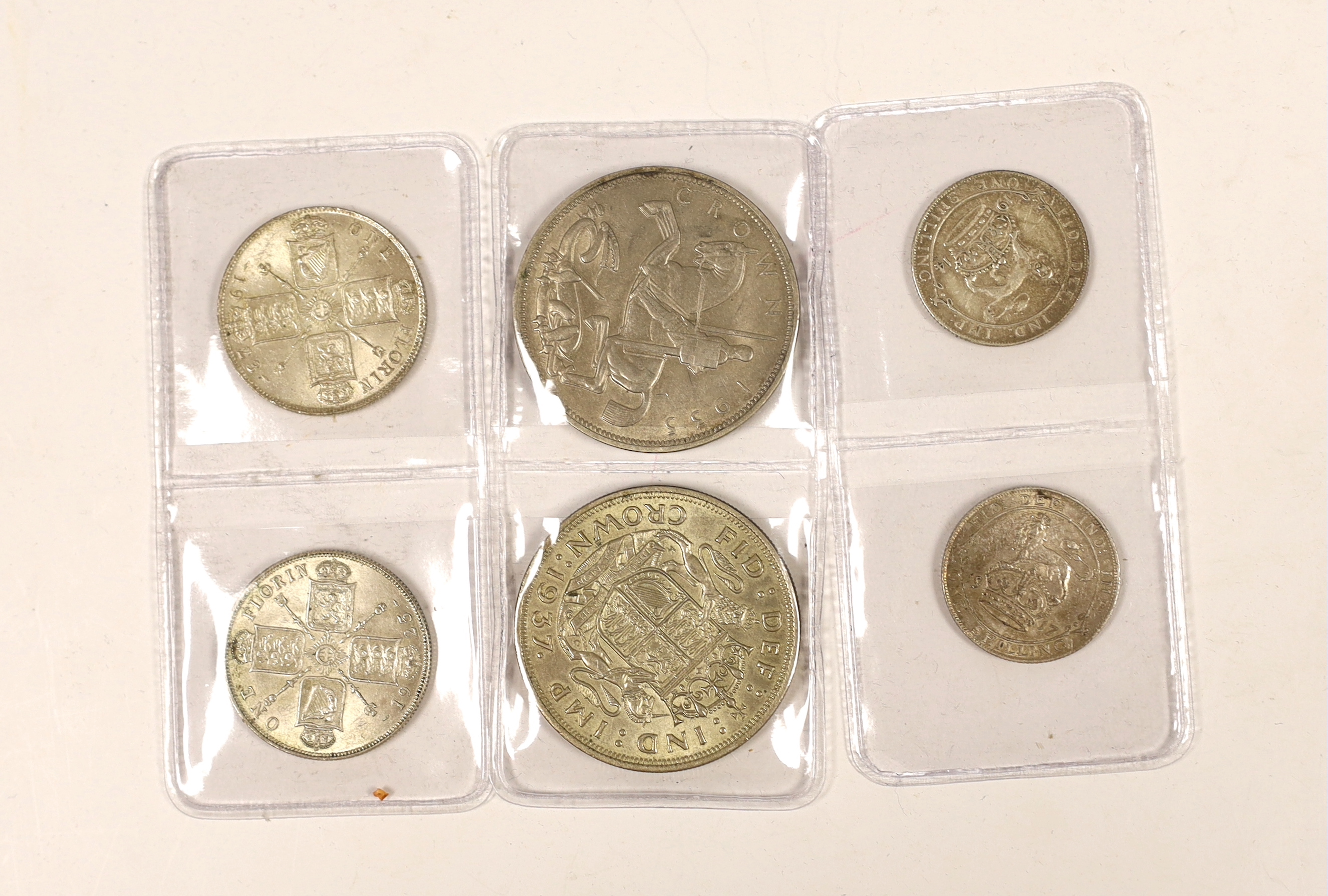 George V silver coins: two Florins, both 1923, good EF and AEF, two crowns 1935 and 1937 and two shillings 1914 and 1917 (6)